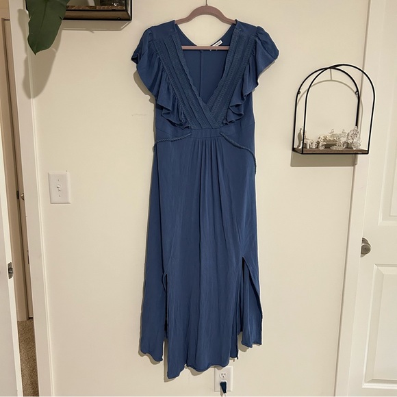 Baltic Born Dresses & Skirts - Baltic Born Blue V Neck Flutter Ruffle Short Sleeve Side Slit Midi Maxi Dress Lg
